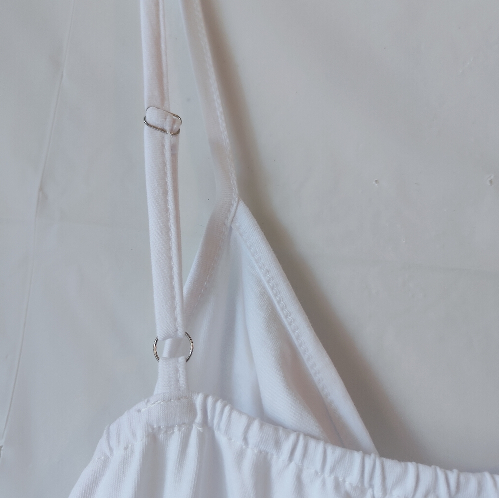 White Spaghetti Strap Dress with Sternum Cutout and Bow, Buttons - Size Large - Picture 4 of 12